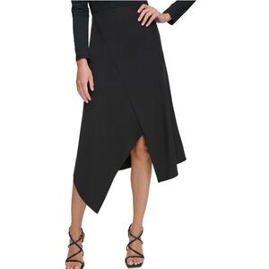 DKNY Black Asymmetrical Midi A-Line Skirt Sz 4 Lined Back Zip Stretch